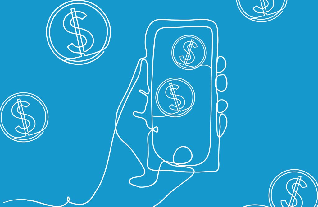 An illustration of a hand holding a mobile with dollar signs on the screen and floating around in the air around it