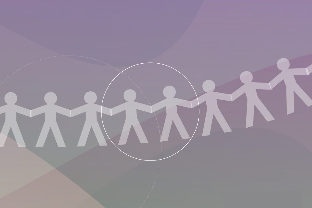an illustration of a paper people chain holding hands. There is a circle around 2 of them in the middle holding hands.
