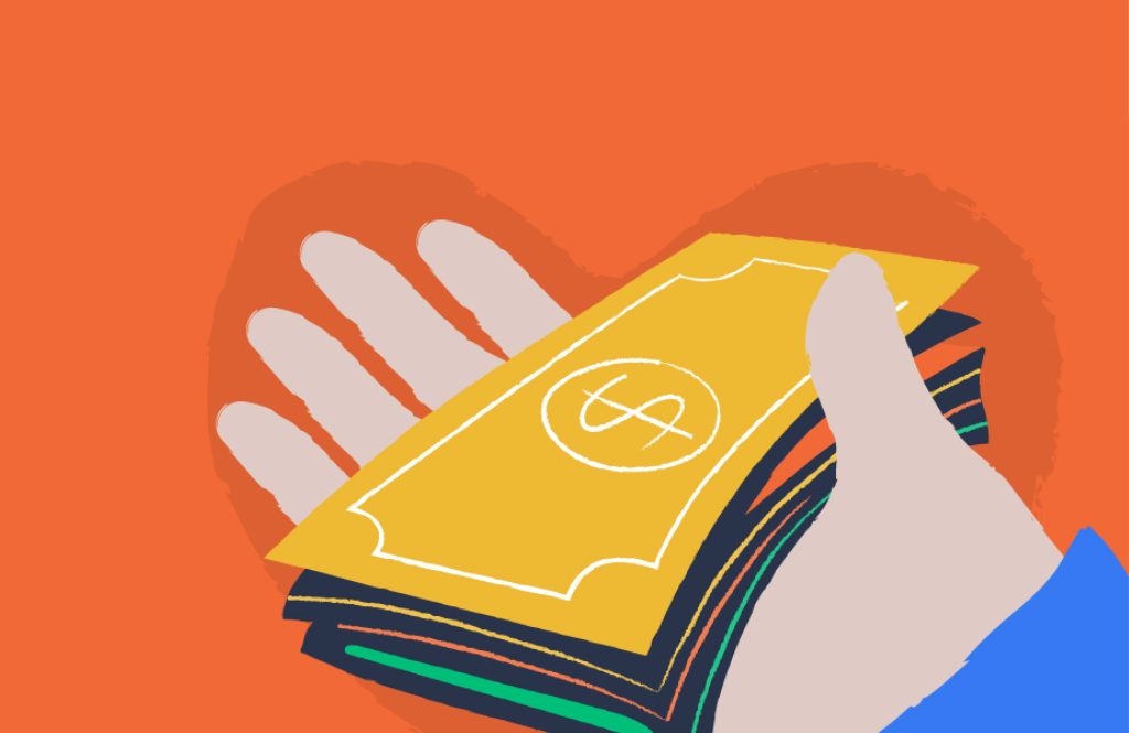 Help to reduce your energy bill - A hand displayed holding money on an orange background with a heart behind the hand