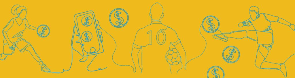 illustration of people playing sport and a person holding a mobile with dollar signs on the screen.