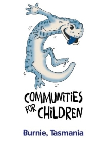 A illustration of a gecko and the words Communities for Children, Burnie, Tasmania.